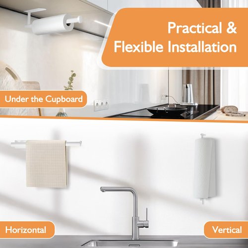 MEIJO Paper Towel Holder with Damping Function, Paper Towel Holder Under Cabinet Self-Adhesive or Drilling, Wall Mounted Napkin Roll Holder for Kitchen Bathroom Rv Camping, Stainless Steel (White)