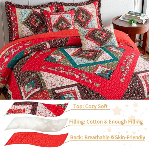Christmas Queen Quilt Set - 100% Cotton Fill Bedding with Festive Floral Design, 90 x 98 Inches