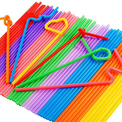 100 Pack Colorful Flexible Plastic Straws - Individually Wrapped, 12.8" Long