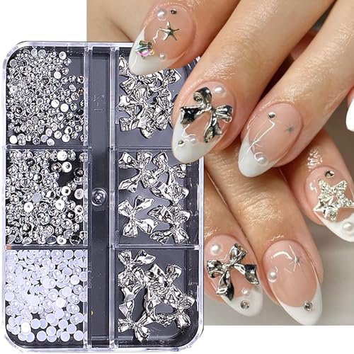 LYLYNB 3D Metal Bow Nail Charms with Pearls and Rhinestones - 6 Grid Box