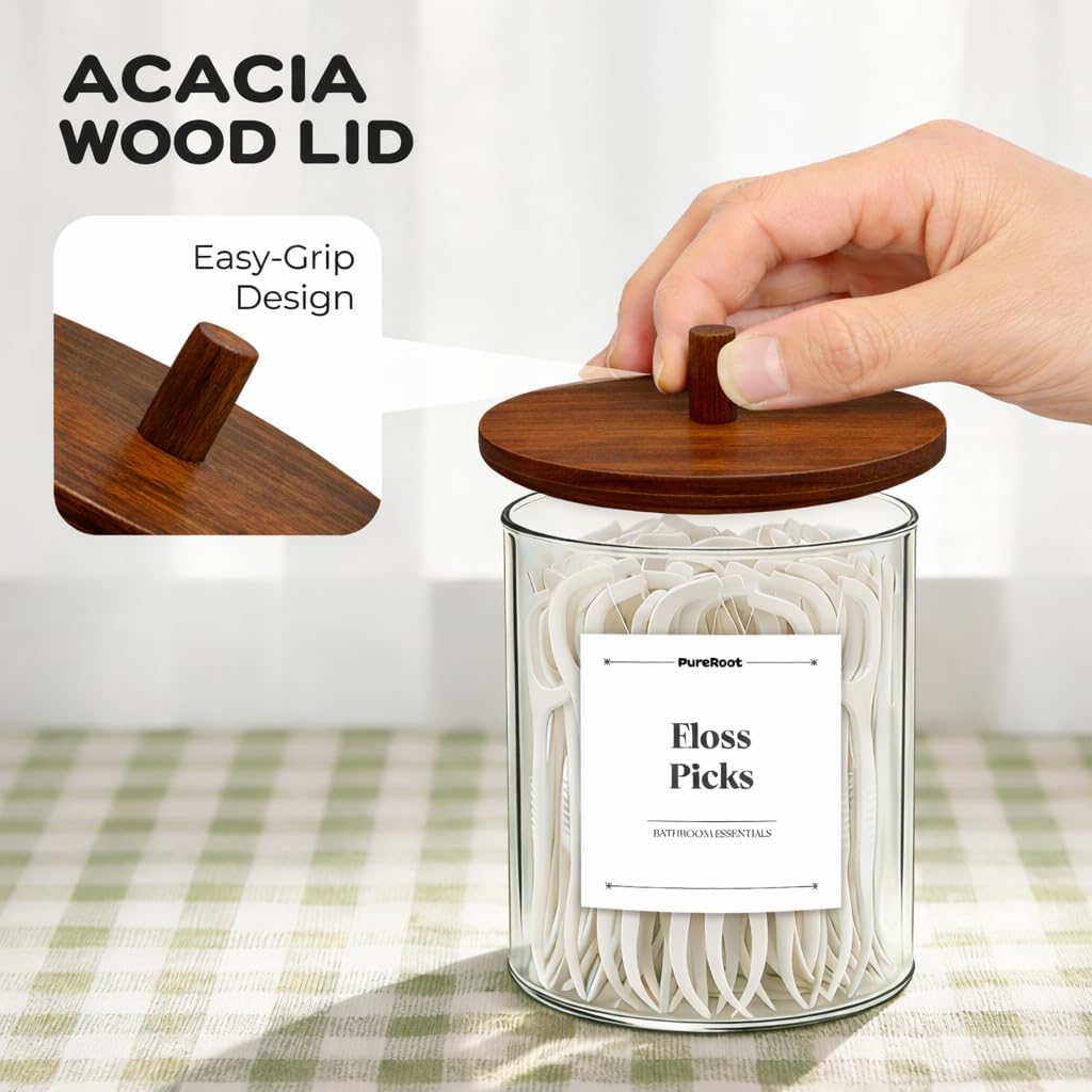 Skiennix Glass Qtip Holder Dispenser Set - 15oz & 10oz Cotton Swab Canisters with Acacia Lids | Bathroom Vanity Organizer (2 Pack)