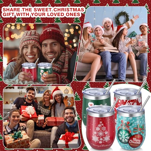 12 Pack Christmas Stainless Steel Wine Tumblers with Lids & Straws - Charming Holiday Design