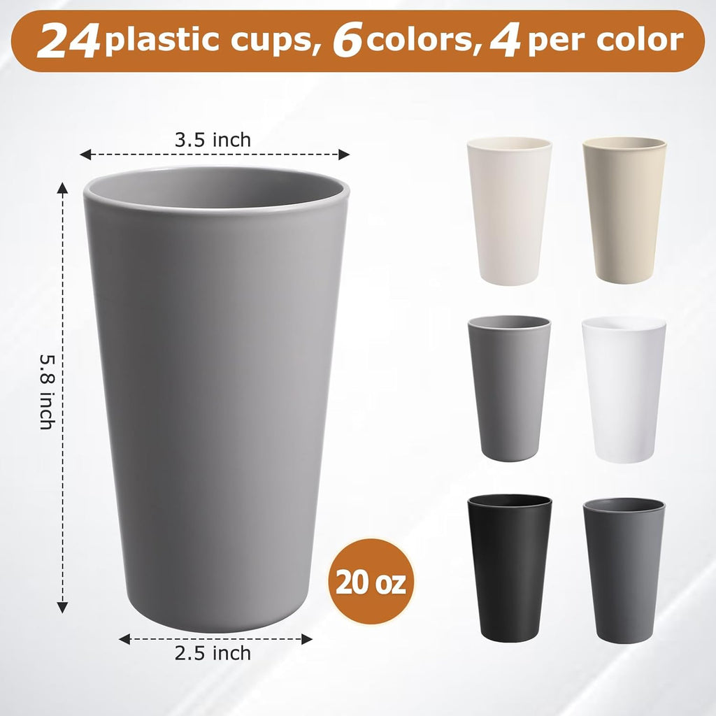 Skiennix 24 Pcs Unbreakable Plastic Cups Set - 20 Oz Reusable Tumblers | BPA-Free, Stackable & Dishwasher Safe