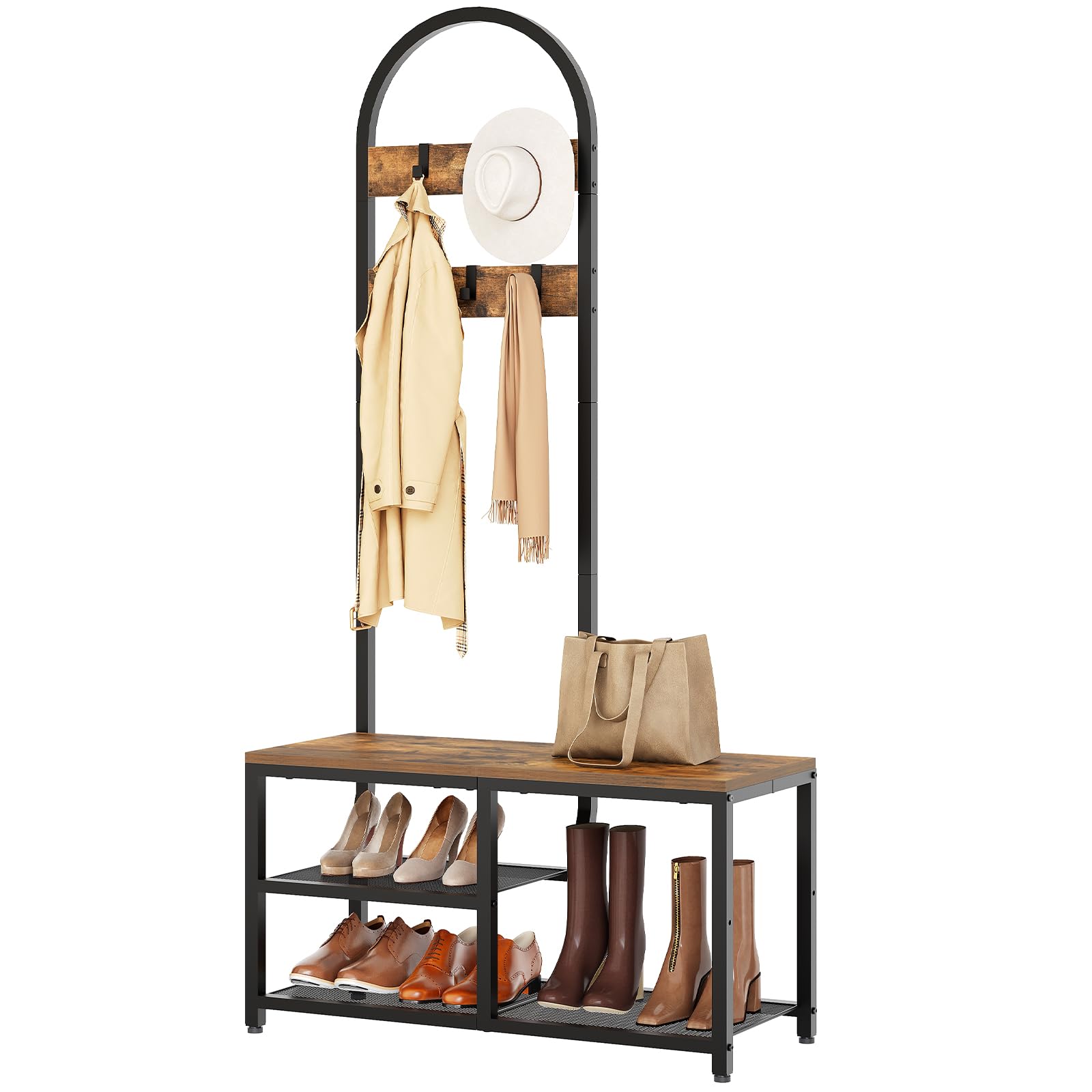 YATINEY Hall Tree, Coat Rack with Shoe Storage, Entryway Bench with Coat Rack and Shoe Shelf, All-in-One Entryway Storage Organizer, for Foyer, Hallway, Cloakroom, Rustic Brown and Black MT04BRY1