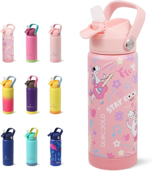 DLOCCOLD Kids Insulated Water Bottle - Leak Proof Straw Lid, Double Wall Stainless Steel | Reusable Tumbler for Travel
