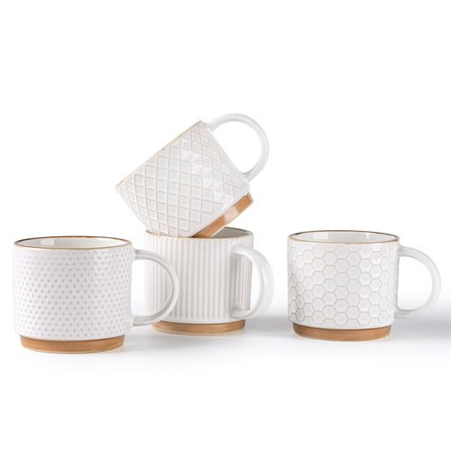 GBhome 6OZ Stackable Coffee Mugs, Ceramic Coffee Mugs with Texture Patterns for Man,Woman,Dad,Mom, Modern Coffee Cups Set of 4 for Espresso/Cappuccino. Dishwasher&Microwave Safe