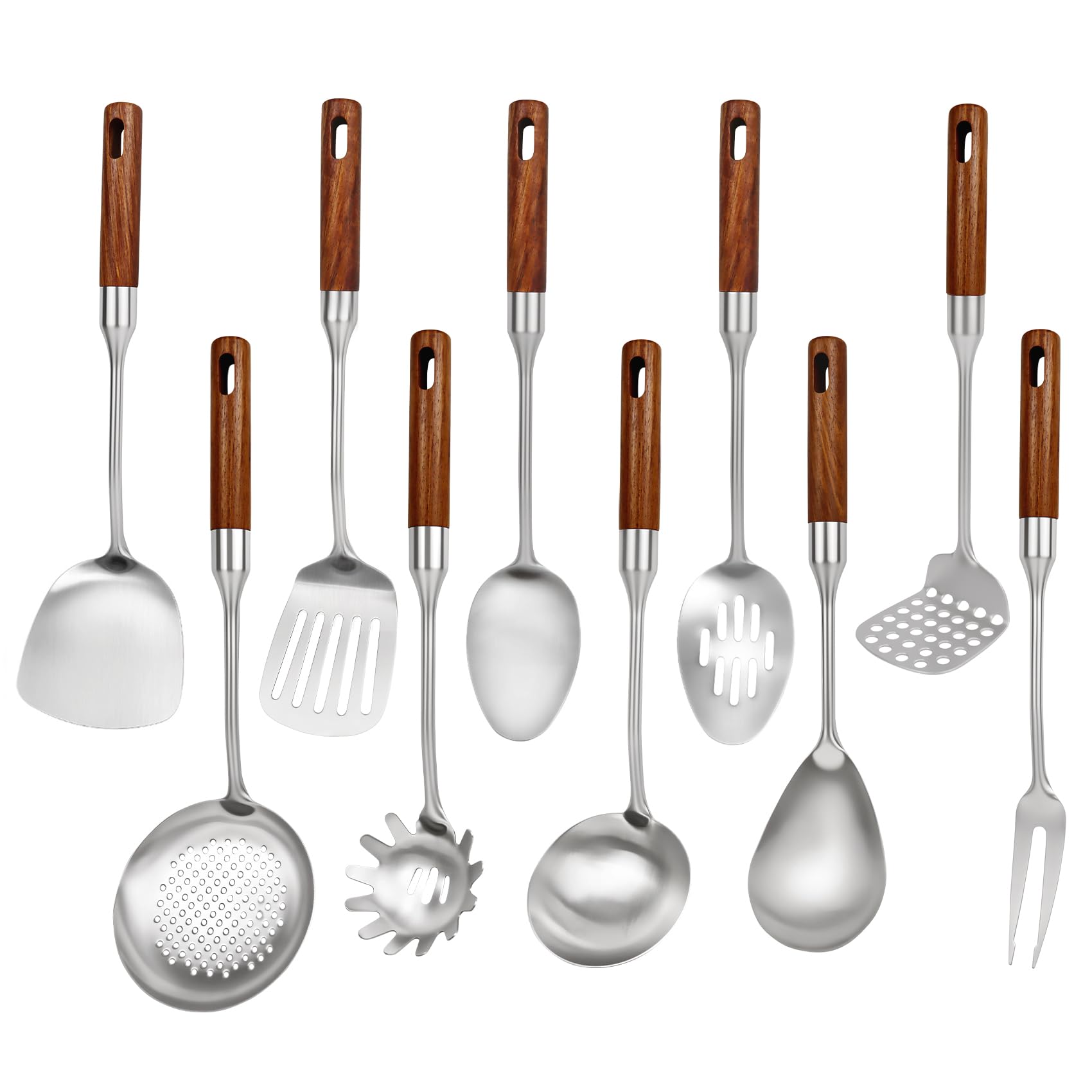 304 Stainless Steel Cooking Utensils Set with Wood Handle,10 Piece Metal Kitchen Utensils Dishwasher Safe Heat Resistant Serving Utensil Wok Tools (13-14in)