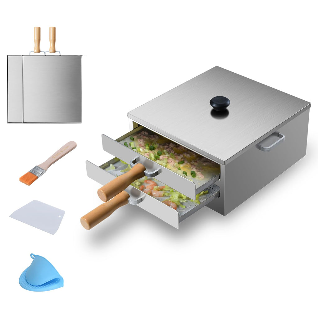 Z-stralink Rice Roll Steamer, Cantonese Stainless Steel 2-Tier Rice Noodles Steamer Machine, Steam Rice Roll Maker with Long Wooden Handle for Commercial and Home Use for Cheung Fun/Dumplings/Dim Sum