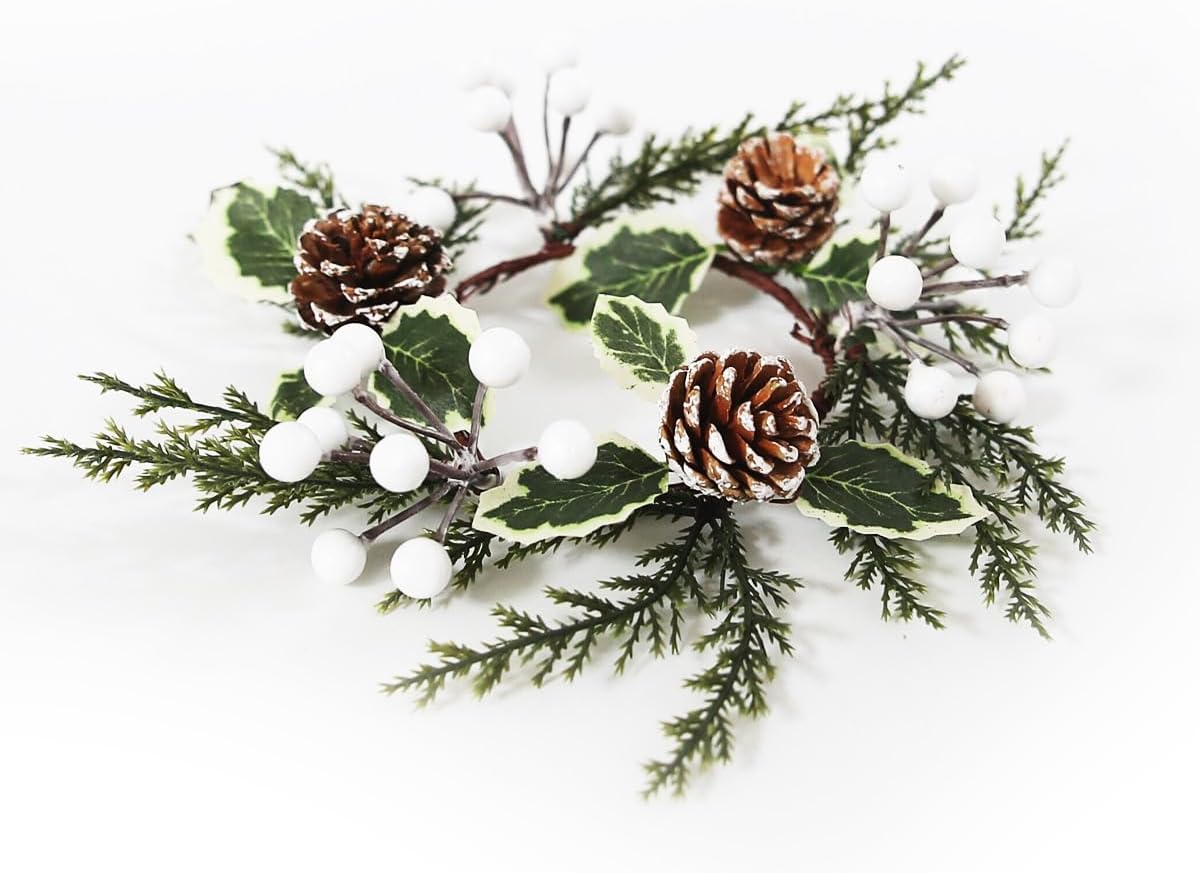 Regine Switzerland Christmas Greenery Candle Rings - 12 Pack with White Berries & Pine Cones | Festive Table Decor