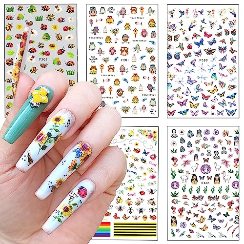 3D Insect & Animal Nail Art Stickers - 6 Sheets Bee & Butterfly Decals