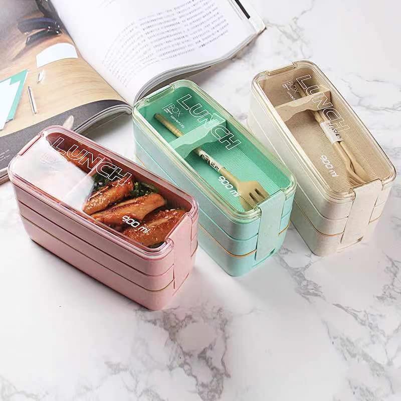 Beige 3-Layer Portable Bento Box 900ML Wheat Straw Food Storage Container