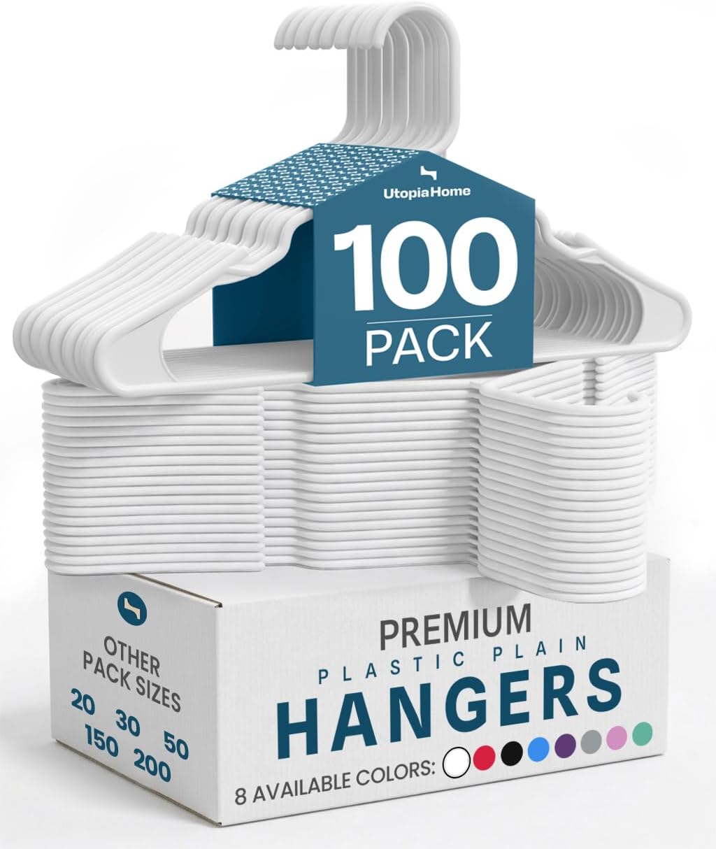 Utopia Home Plastic Hangers - Durable Space-Saving Clothes Hangers - 100 Pack in White