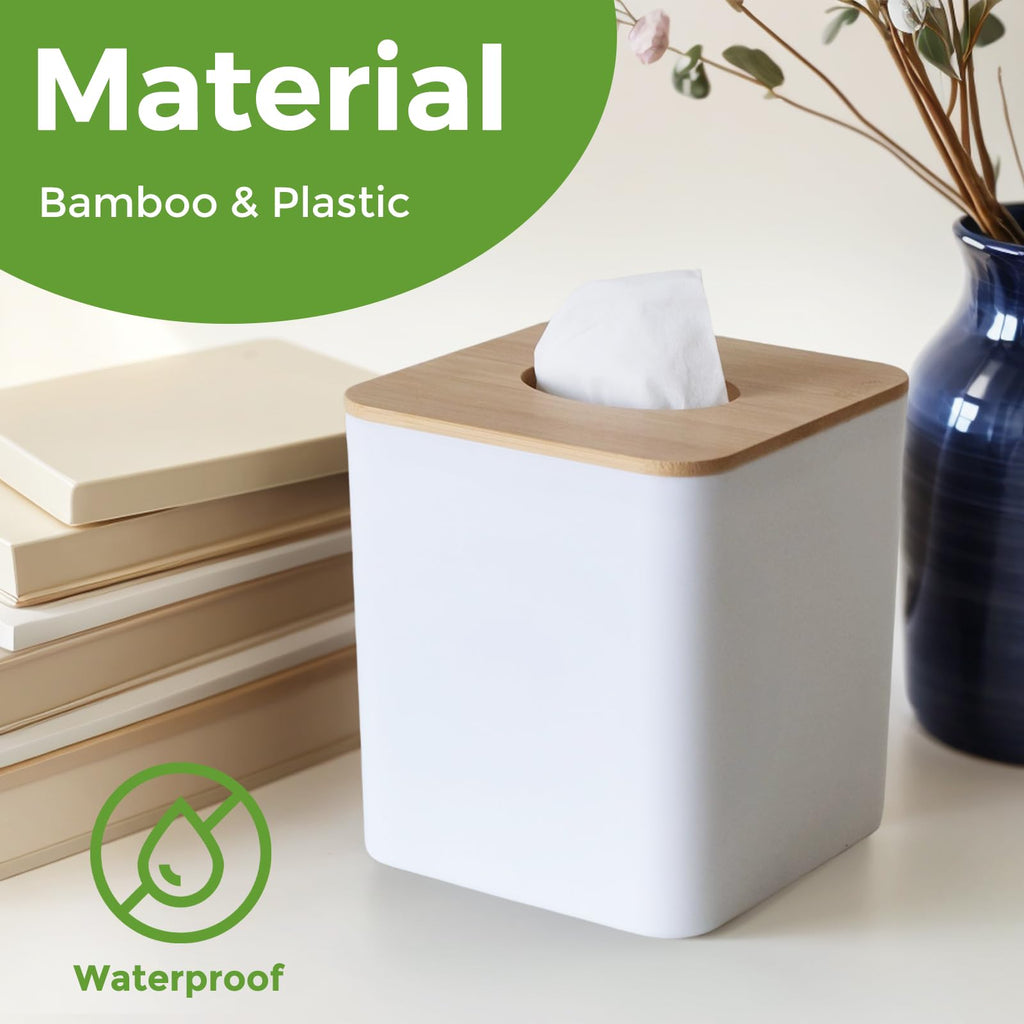 Tissue Box Cover Square, White Tissue Box Holder with Bamboo Cover Plate, Cube Tissue Box Cover for Desk Accessories, Tissue Holders Decorative Square Tissue Box Tissue Holders for Bathrooms Bedrooms
