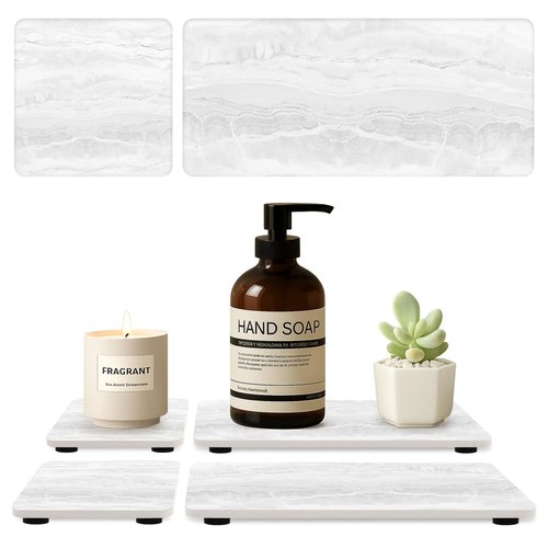 4 Pack Water Absorbing Stone Drying Tray for Bathroom Sink Trays Kitchen Counter Diatomite Stone Quick Dry Diatomaceous Earth Mat for Sink Kitchen Soap Trays Ceramic Marble Bathroom Vanity Tray