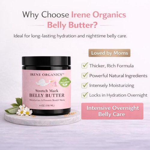 Irene Organics Organic Belly Butter - Award-Winning Stretch Mark Prevention & Treatment Balm 4oz | Hydrating Tummy Cream