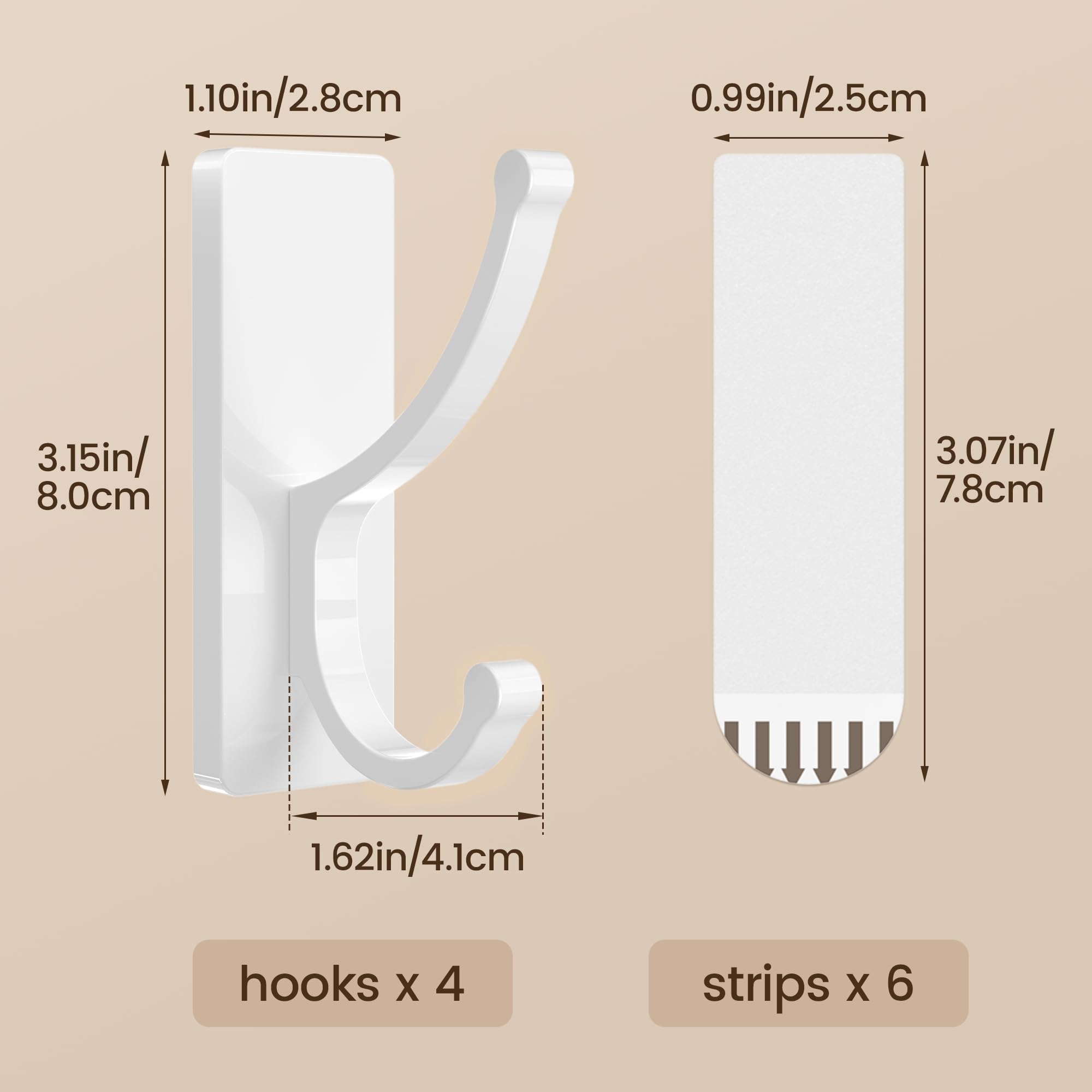 pickpiff Adhesive Wall Hooks with Strip - No Residue, Easy to Remove, Strong Heavy Duty Sticky Towel Hook, 4 Pack White