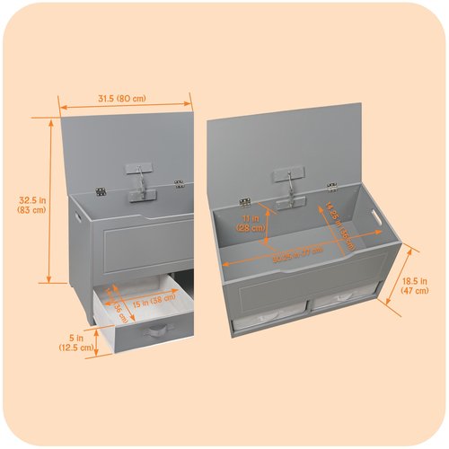 Badger Basket Toy Box and Storage Bench - Chest and Seat Combo with 2 Reversible Baskets, Safety Hinge Lid - Kids Toy Organizer for Playroom or Bedroom - Gray