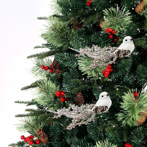 12pcs White Glitter Birds Clip-On Christmas Tree Decorations Winter Wreath Crafts