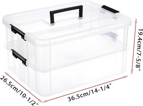 JUXYES Stackable Storage Box - 2-Tier Transparent Bin with Handle for Office & School Supplies
