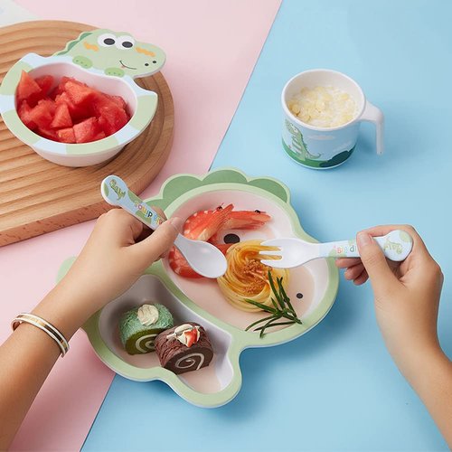Fekdod Bamboo Kids Dinnerware Set 5 Pcs Includes Plate Bowl Cup Fork Spoon Perfect for Kids BPA-Free (Little Dinosaur)