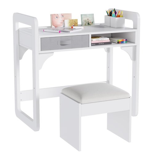 Garvee Kids Desk and Chair Set, Study Desk for Boys and Girl, Wooden Kids Writing Table with Cloth Drawers and Pen Holder, White