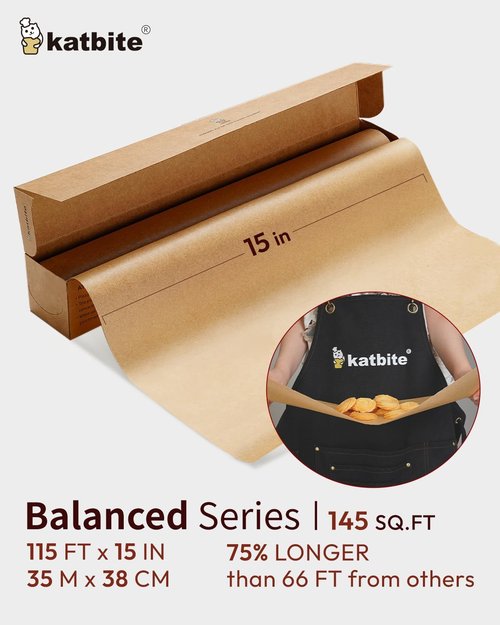 Katbite Parchment Paper Roll - Unbleached Non-Stick Baking Paper 15in x 115ft with Serrated Cutter