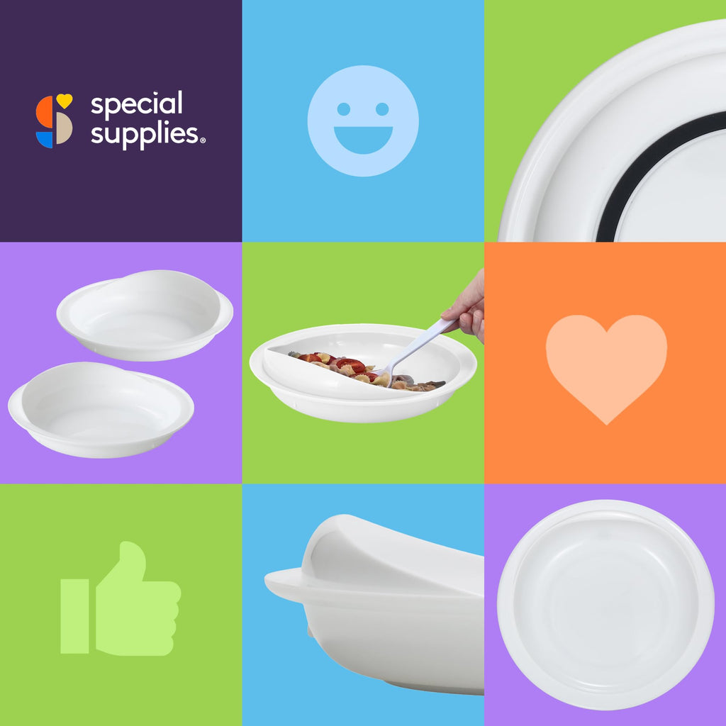 Special Supplies Adaptive Spill-Proof Scoop Plates- Dishes with Wall for Disabled, Handicapped, Elderly Adults with Special Needs from Parkinson's, Arthritis, Dementia, Stroke, Tremors- 2 Pack (White)