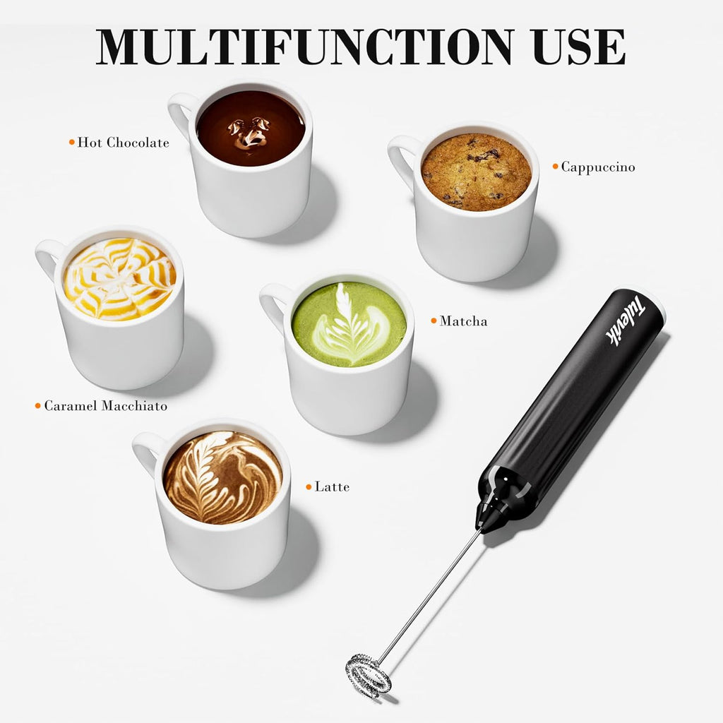 Milk Frother Handheld - Electric Coffee Frother Wand with USB Rechargeable 3 Speeds | Mini Black Frother for Lattes, Cappuccinos, and More