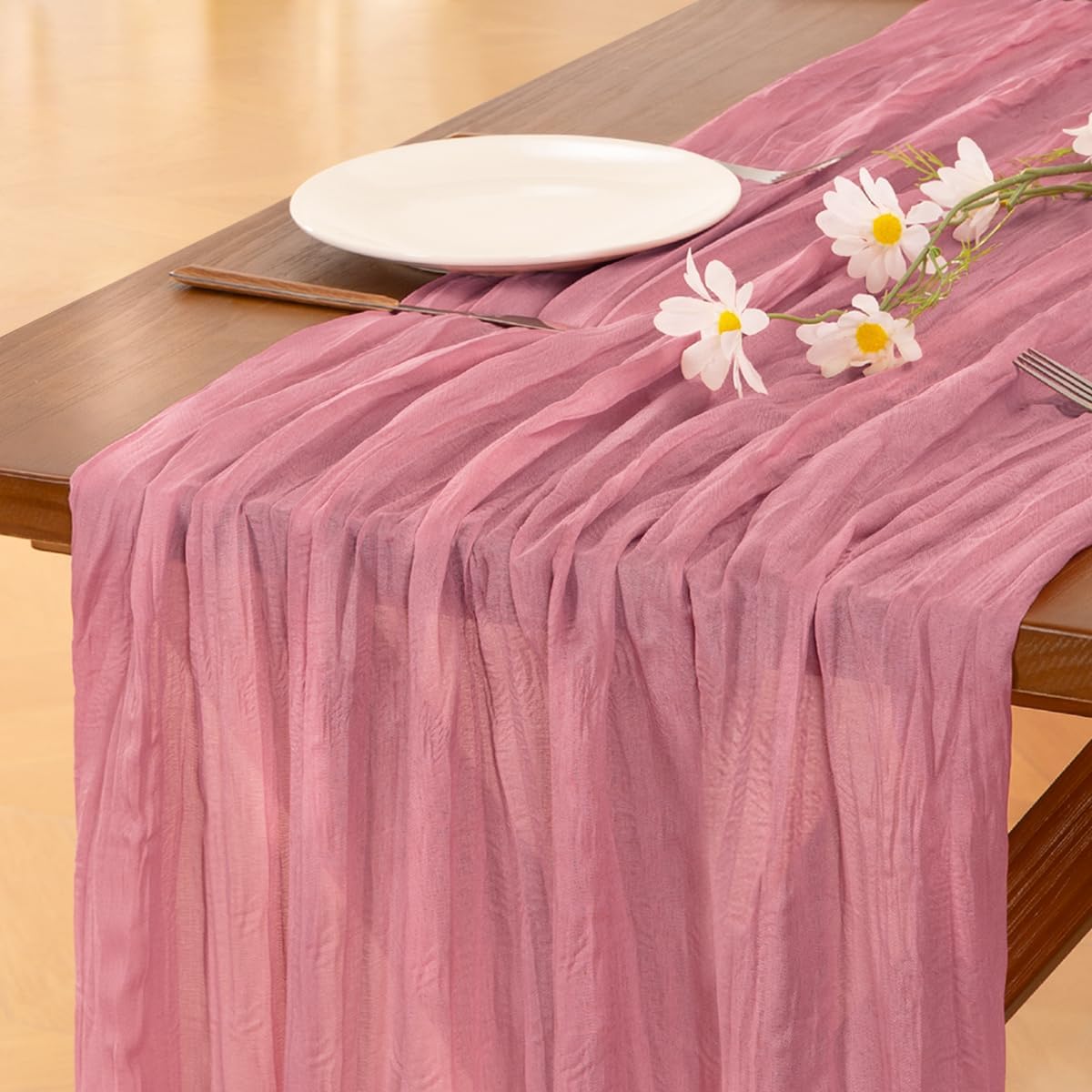Socomi Cheesecloth Table Runner - 3pcs Mauve Boho Rustic Design | 120 Inch for Weddings & Events