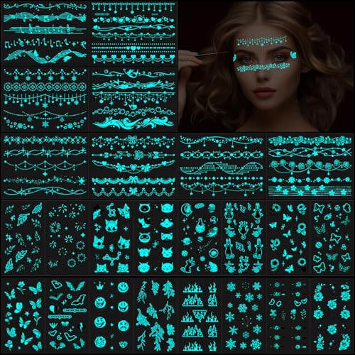 Konsait 24 Sheets Glow in the Dark Face Temporary Tattoos Luminous Body Art