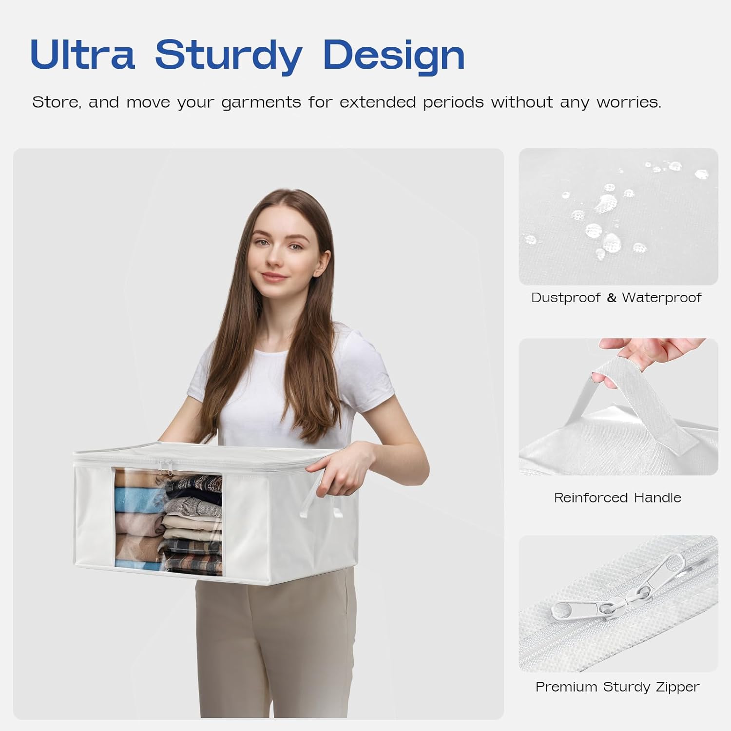 Skiennix Clothes Storage Bags - Foldable Thick Fabric with Clear Window & Carry Handles | 4-Pack, White
