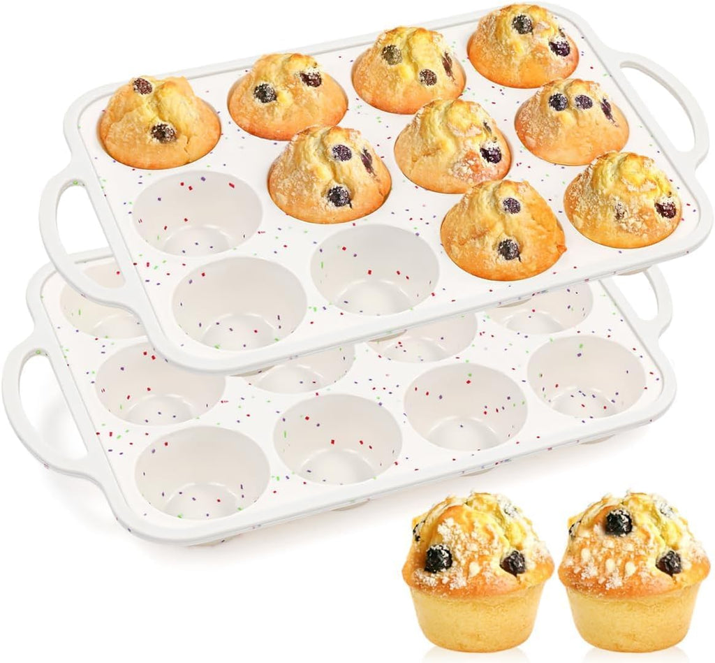 Skiennix Silicone Muffin Pan - Nonstick 12-Cup Baking Tray with Metal Reinforced Frame | BPA Free & Dishwasher Safe
