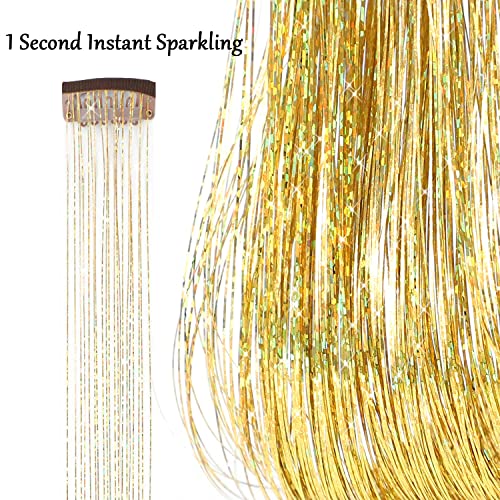 Clip-In Hair Tinsel 23.6-Inch Heat Resistant Gold Glitter Extensions