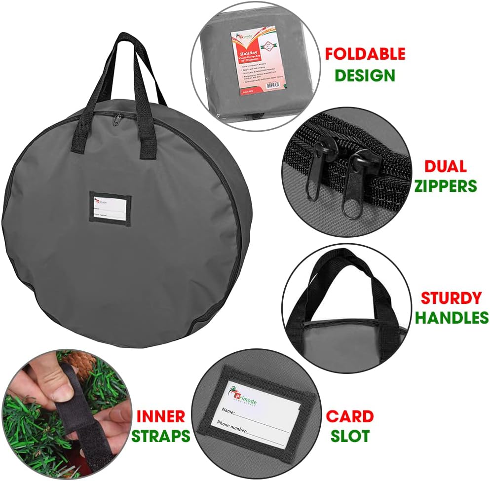 Primode Heavy Duty Wreath Storage Bag - 36" Durable Oxford Polyester Container for Xmas Wreaths (Gray)