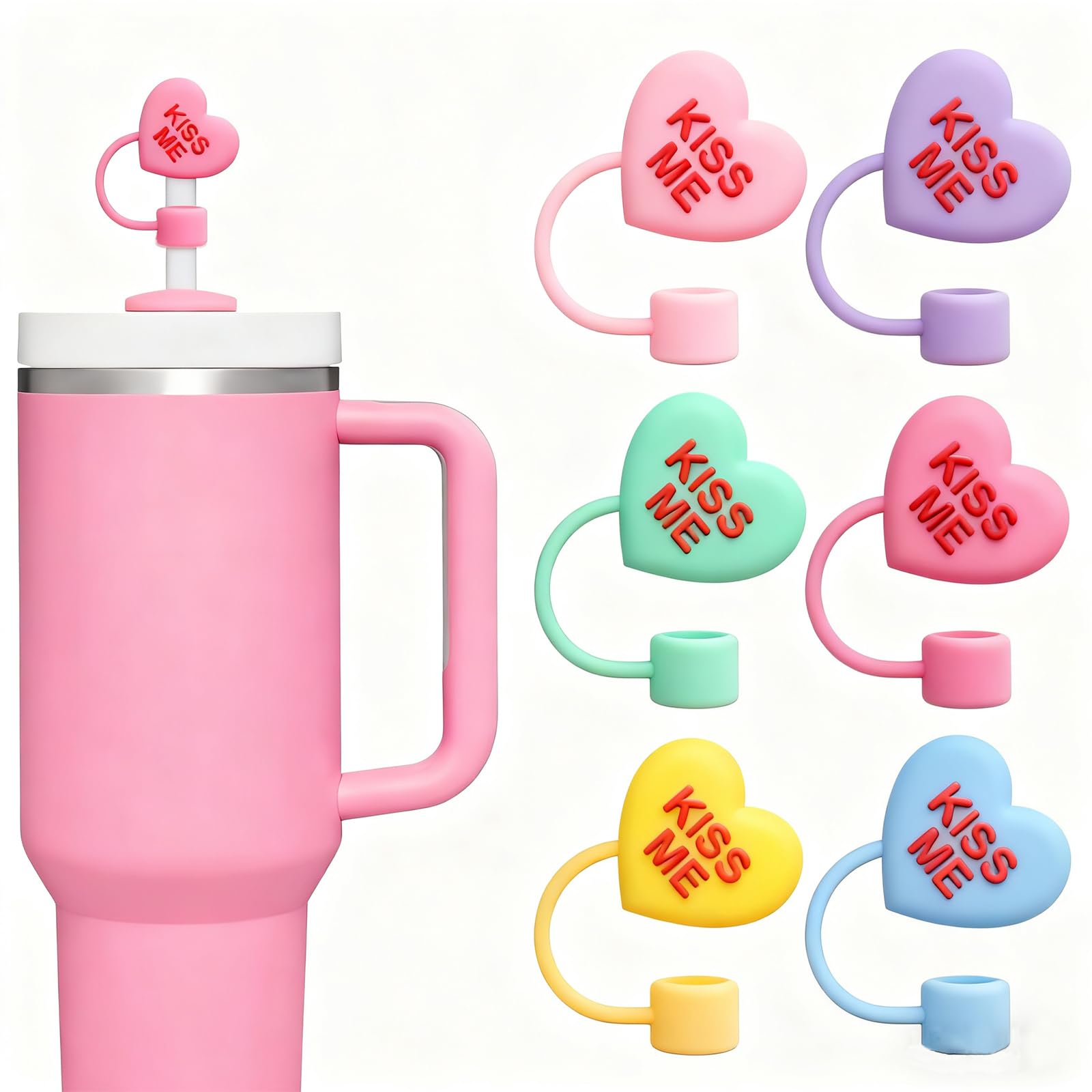 Whaline 6 Pcs Valentine's Day Conversation Heart Straw Cover Cap Reusable Silicone Straws Topper Pastel 10 Mm/0.4 Inch Straw Tip Lid Protector for 30/40 Oz Tumbler Cup Accessory Party Decor