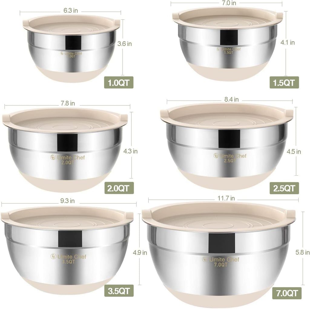 Umite Chef Mixing Bowls - 6-Piece Stainless Steel Set with Airtight Lids & Non-Slip Bottoms | Khaki