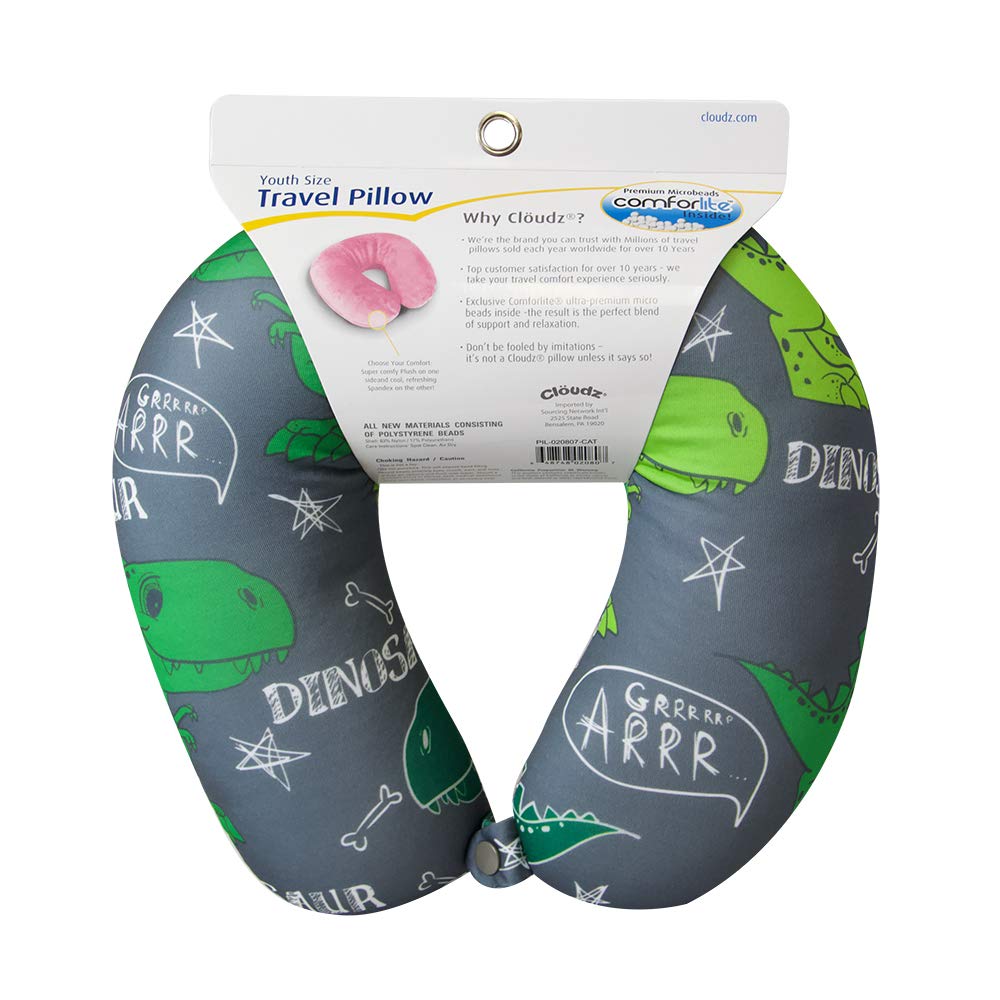 Cloudz Kids Patterned Microbead Airplane Travel Neck Pillow. Super Soft Cozy Cool Fabric and Ultra Premium Comforlite Microbeads will Keep your Kids Comfy and Supported at Home or On the Go! -Dinosaur