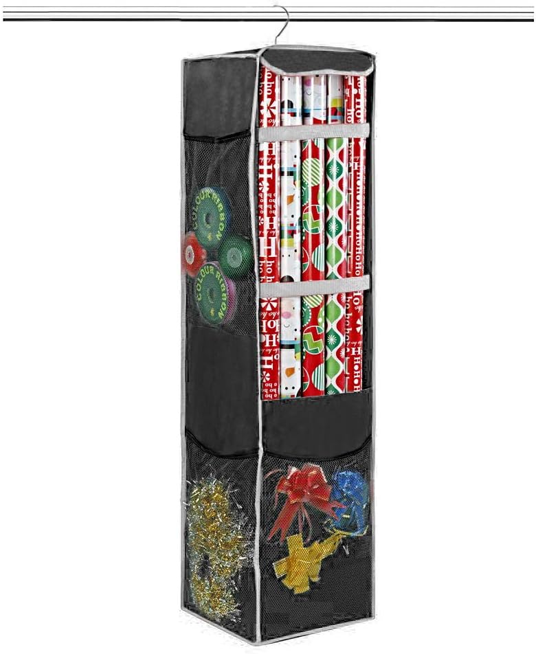 ProPik Holiday Wrapping Paper Storage Bag - 360° Swivel Hanger with Mesh Pockets | Holds Up to 25 Rolls, 40 Inch, Black