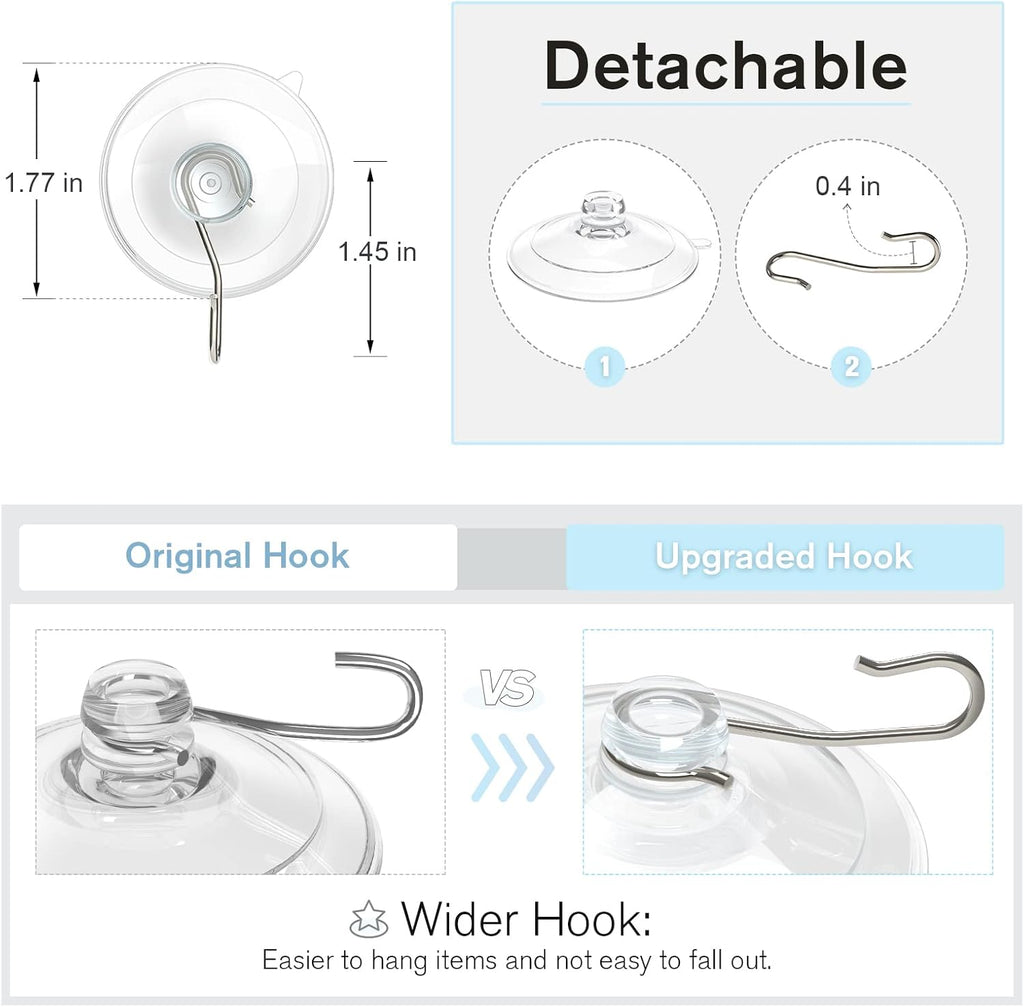 VIS'V Suction Cup Hooks - 1.77 Inch Clear Window Suction Cups with Metal Hooks | 12 Pcs, Removable & Reusable