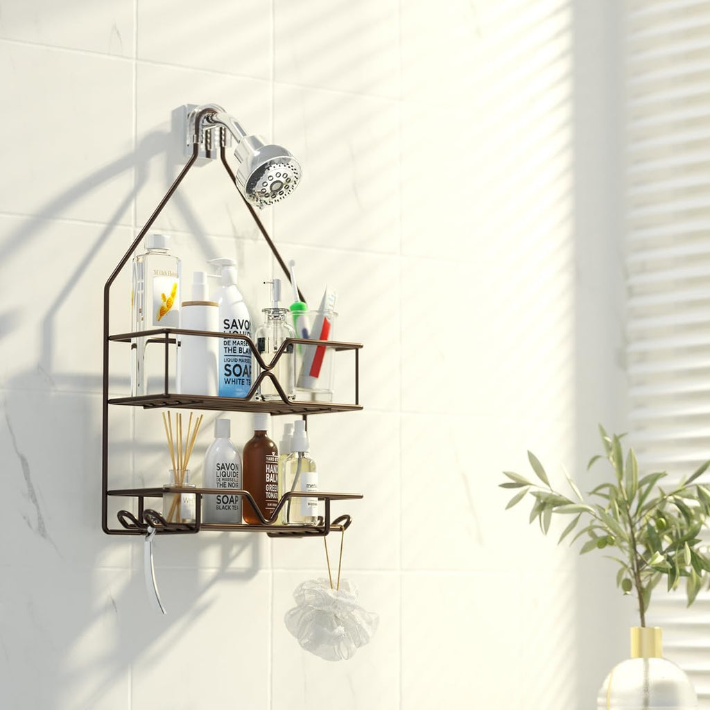 TreeLen Shower Caddy - Over Shower Head Bathroom Organizer with 4 Hooks for Shampoo - Bronze Finish