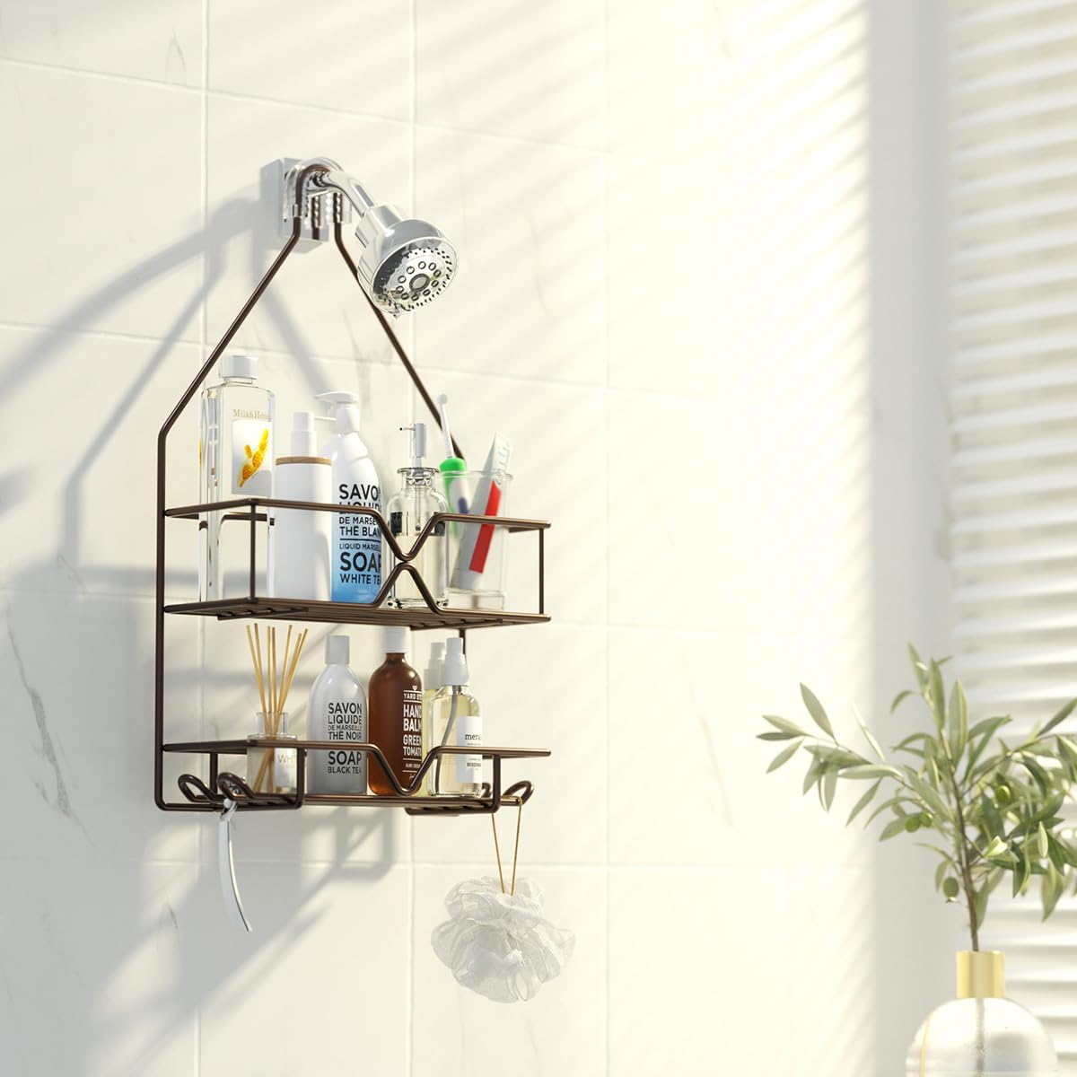 TreeLen Shower Caddy - Over Shower Head Bathroom Organizer with 4 Hooks for Shampoo - Bronze Finish