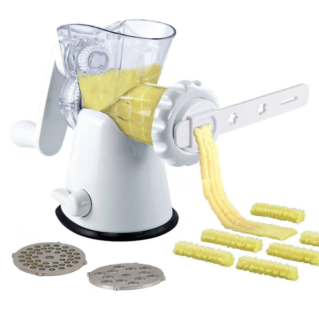 Tredoni Manual Meat Mincer Grinder & Vegetable Shredder, Biscuit Press Machine Cookie Maker + Churros/Biscuits Pattern Attachment (4 Patterns), White