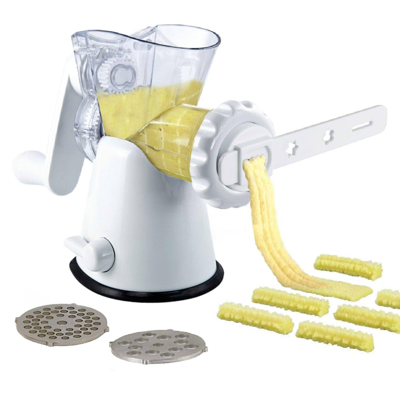 Tredoni Manual Meat Mincer Grinder & Vegetable Shredder, Biscuit Press Machine Cookie Maker + Churros/Biscuits Pattern Attachment (4 Patterns), White