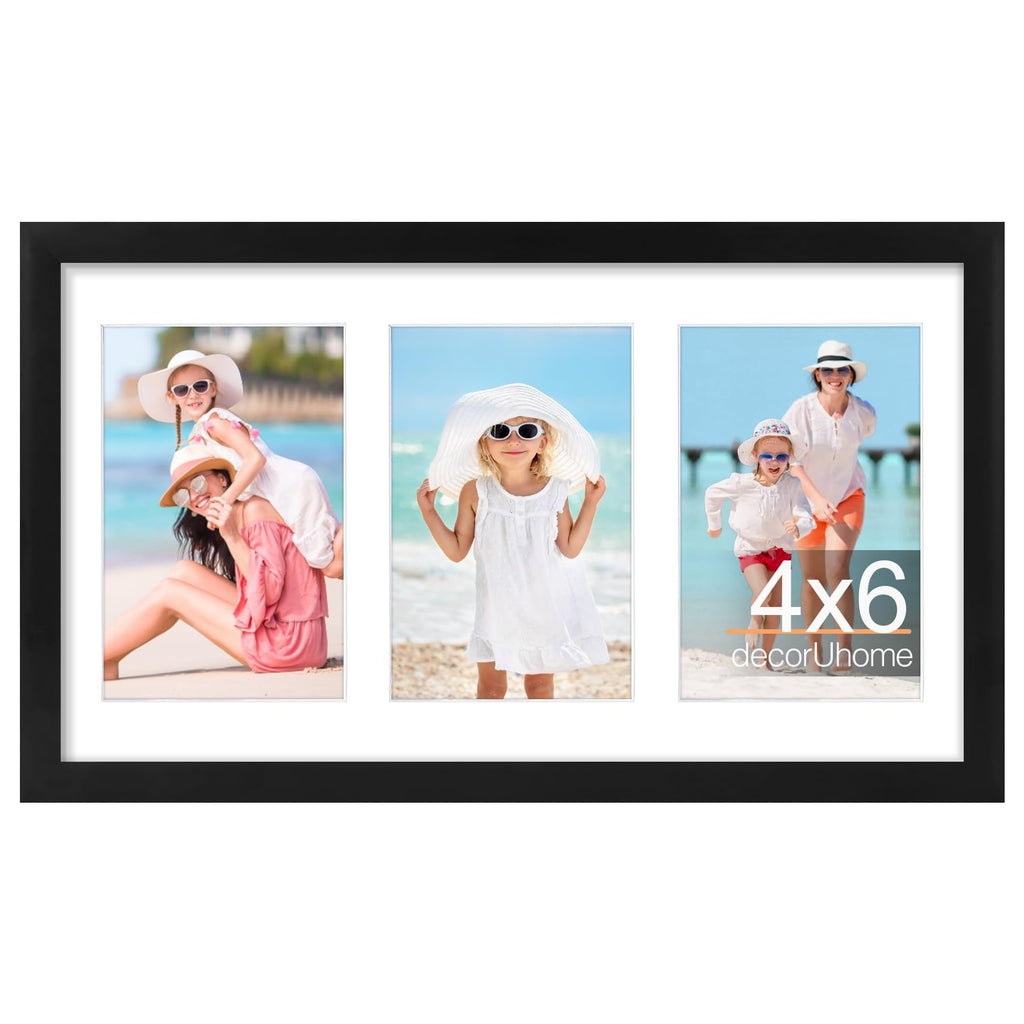 decorUhome 8x14 Picture Frames Collage Wall Decor, Display 3Pcs 4x6 Photos with Mat or 1Pcs 8x14 Unmatted, 3 4x6 Collage Picture Frames for Wall Mounting, Black