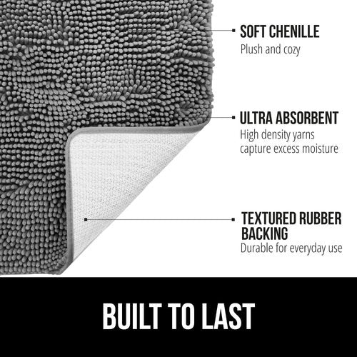 GORILLA GRIP Bath Rug Mat & Mesh Bath Pillow Bundle - Soft Absorbent Chenille, Gray 24x17 & White 16.5x16.1