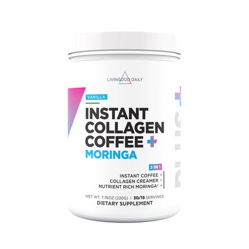 Livingood Daily Instant Collagen Coffee with Moringa, Vanilla - Low Acid, Shade Grown & Made with Organic Coffee - Metabolism, Detox & Energy Boosting - 12 Oz