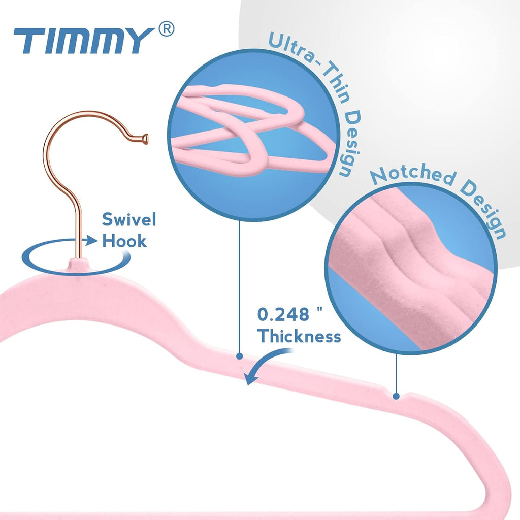 TIMMY Velvet Hangers - 50-Pack Ultra-Thin Space-Saving Suit & Coat Hangers | Heavy-Duty Pink Design