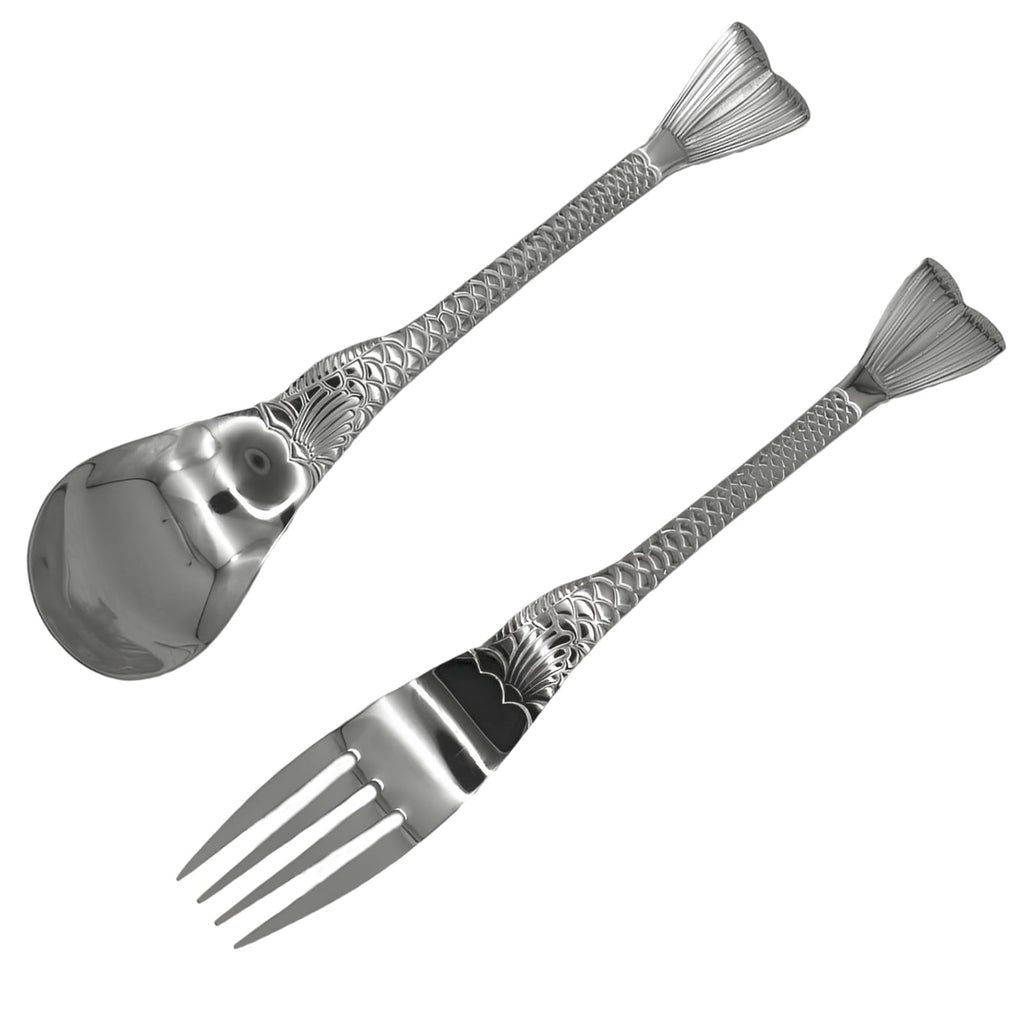 Pinenjoy 2Pcs Fishtail Handle Spoon and Fork Silver 18/10(304) Stainless Steel 7.5inch Asian Soup Spoon Dinner Fork Set for Porridge Cereal Salad Spaghetti