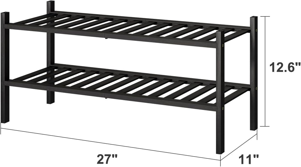 Viewcare 2-Tier Black Bamboo Shoe Rack - Stackable & Foldable Shoe Shelf Organizer for Entryway