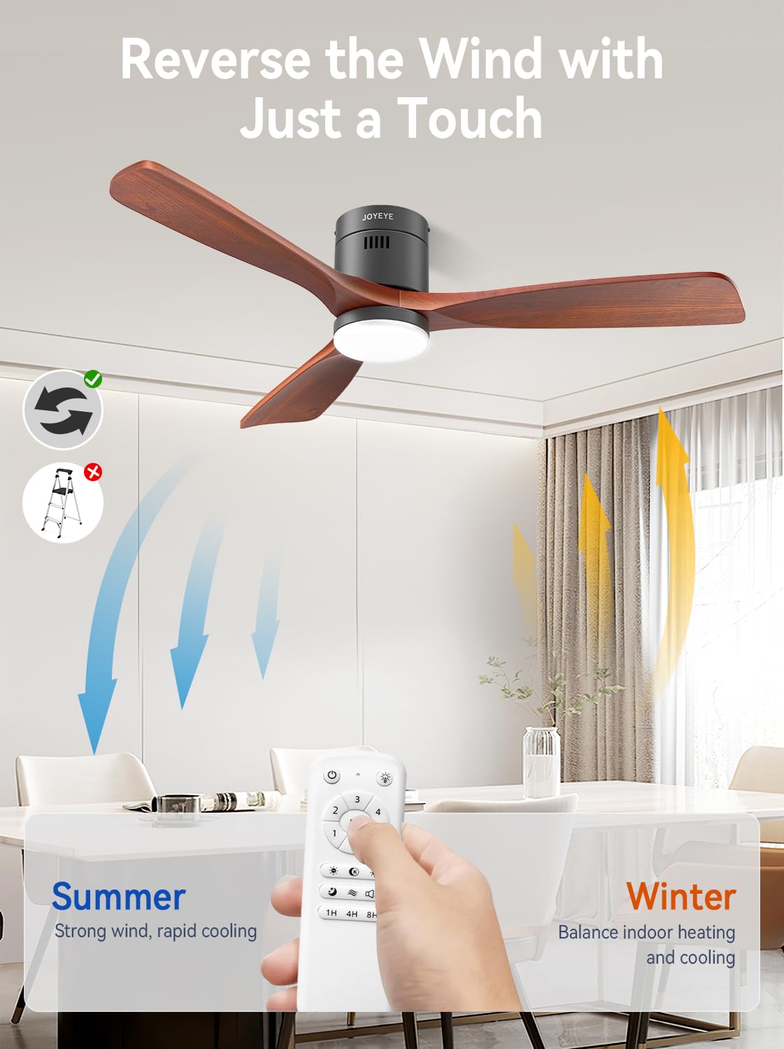 52 Inch Ceiling Fans with Lights and Remote, Solid Wood 3 Blade Modern Ceiling Fan, Quiet DC Motor, 6 Speeds, Dimmable LED, Timer, Indoor & Covered Outdoor Living Room, Bedroom, Patio (Darkwalnut)